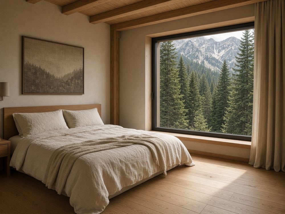 Hotelzimmer mit Holzboden und Blick auf Bergwald