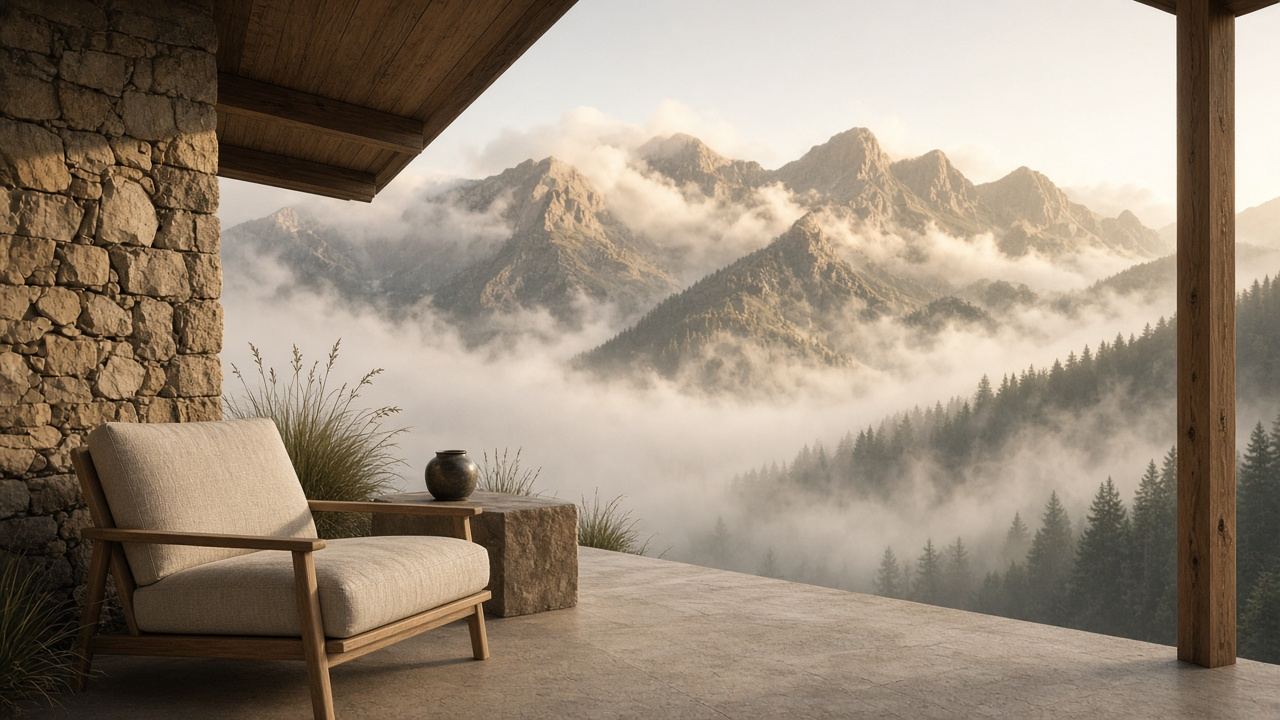 Terrasse mit Leinensessel vor nebligen Berggipfeln am Morgen