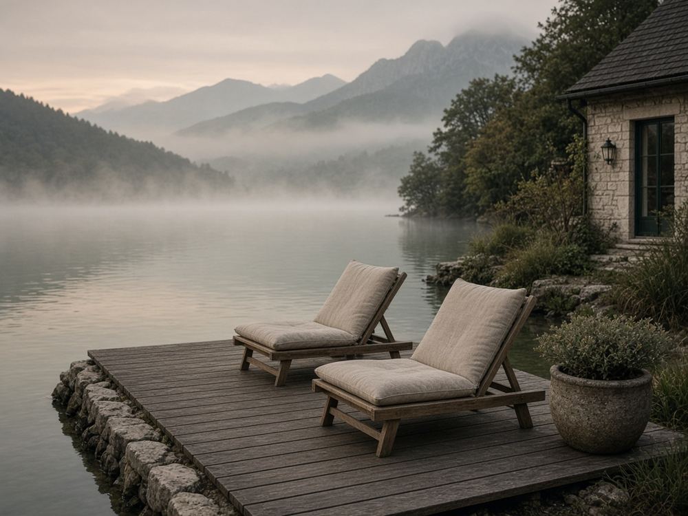 Holzsteg mit zwei Liegen an einem nebligen See